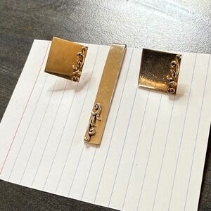 Swank‎ Cufflinks Tie Clip Set Gold Tone Square Filigree Vintage Mens Jewelry